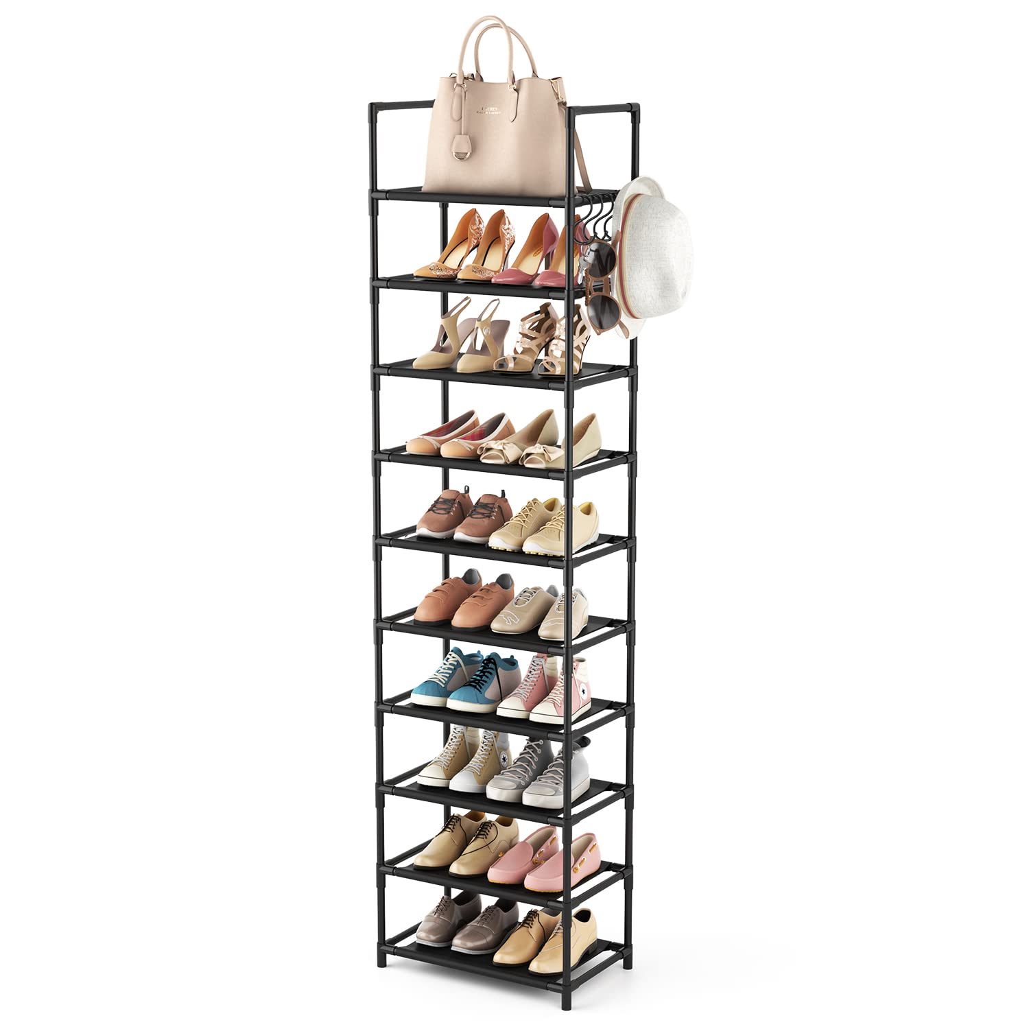 Photo 1 of LANTEFUL 10 Tiers Tall Shoe Rack 20-25 Pairs Boots Organizer Storage Sturdy Narrow Shoe Shelf for Entryway, Closets with Hooks, Black