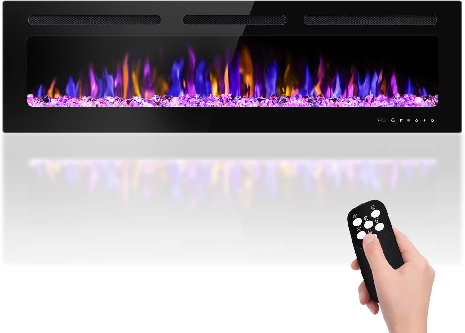 Photo 1 of BETELNUT 60" Electric Fireplace Wall Mounted and Recessed with Remote Control, 750/1500W Ultra-Thin Wall Fireplace Heater W/Timer Adjustable Flame Color and Brightness, Log Set & Crystal Options