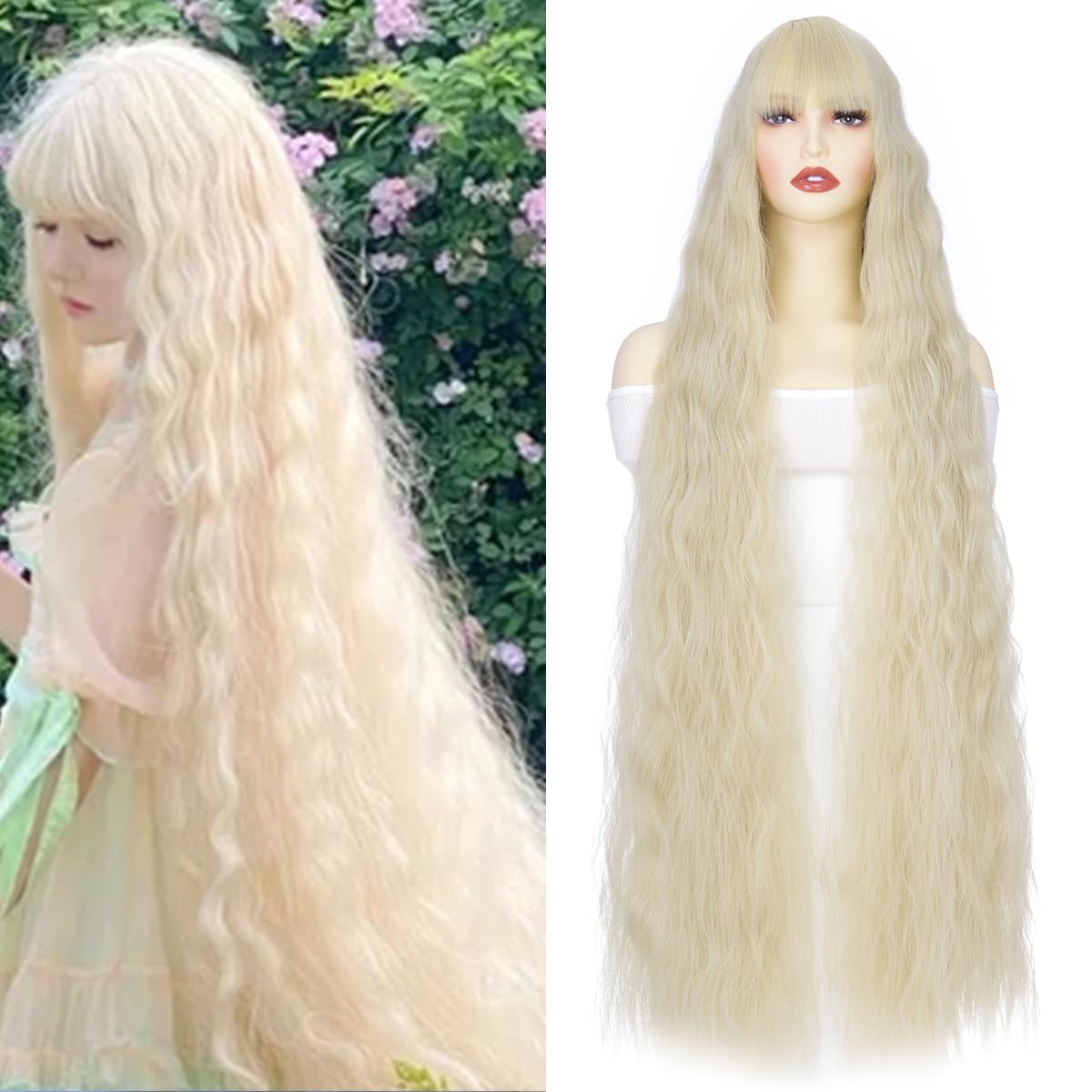 Yamel Extra Long Corn Curly Blonde Wigs for Women Cosplay Costume Synthetic 39 inch Lolita Wig With Bangs