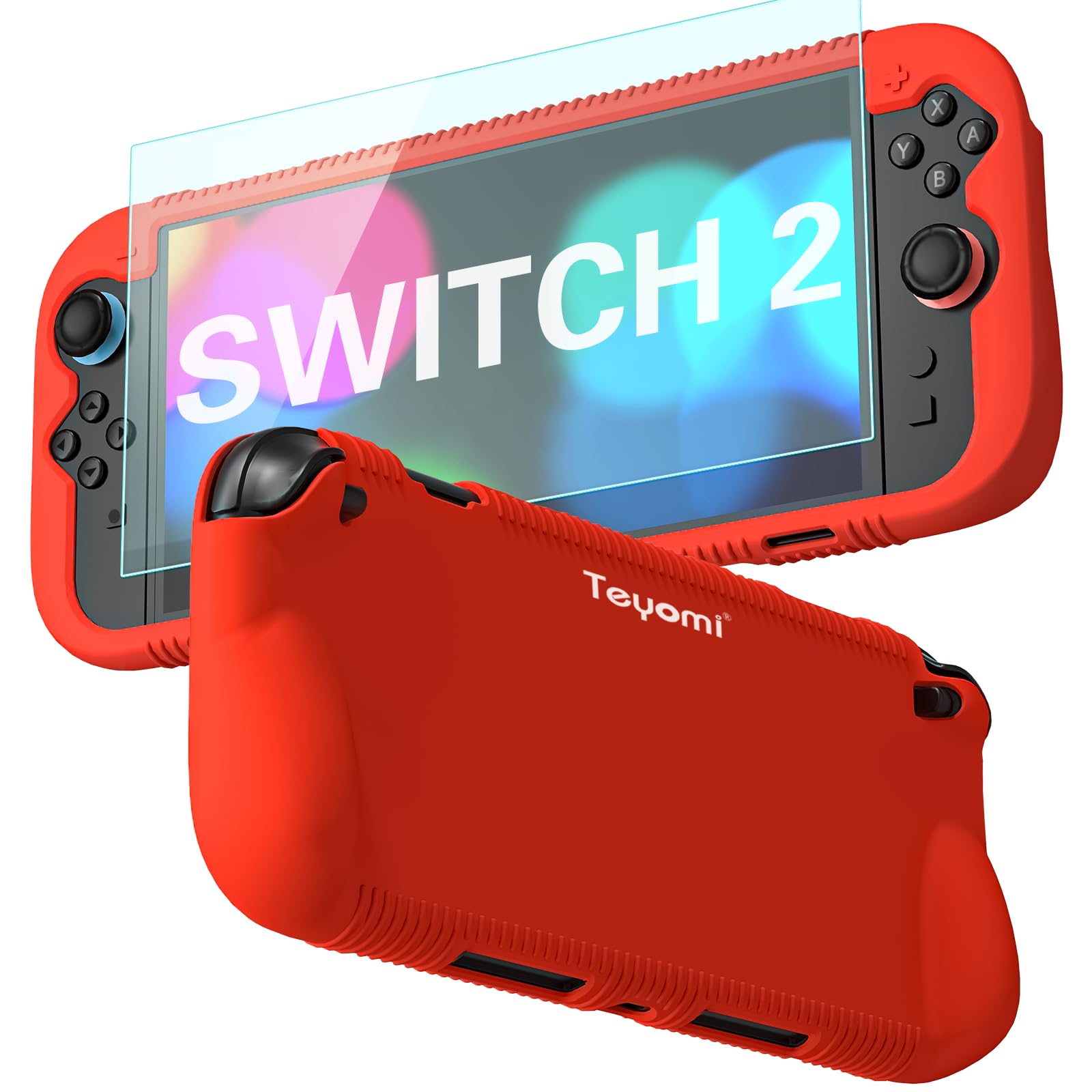 Teyomi Protective Silicone Case Compatible with Nintendo Switch 2, Shockproof Cover for Nintendo Switch 2 with Tempered Glass Screen Protector,Ergonomic Grip Case for Switch 2,2 Game Card Slots (Red)