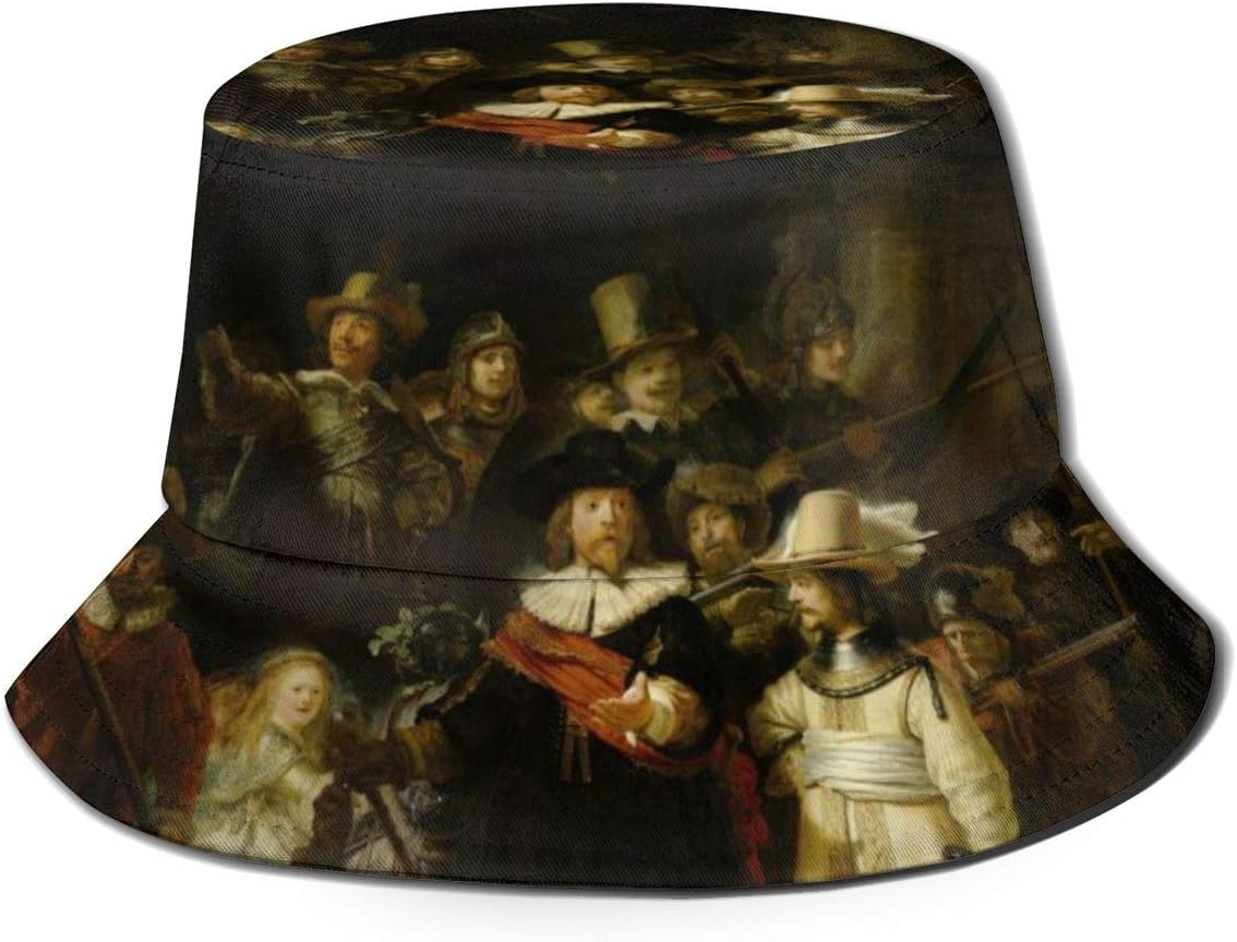 The Night Watch Rembrandt Unisex Cotton Packable Black Travel Bucket Hat Fishing Cap Black Sunscreen