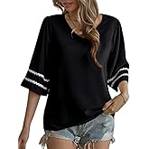 CiCiBird Women 3/4 Bell Sleeve Flowy Blouse Casual V Neck Shirt Loose Chiffon Tops