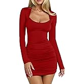 DAAWENXI Women's Sexy Long Sleeve Mini Dress Square Neck Ruched Bodycon Party Cocktail Short Dresses