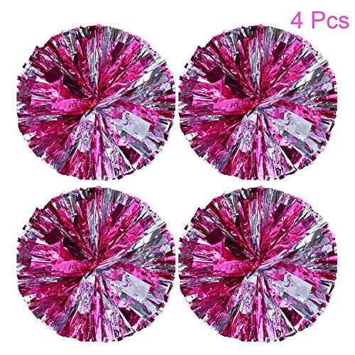 4 Pack Cheerleading Pom Poms Sports Dance Cheer Plastic Pom Pom for Sports Team Spirit Cheering (Rose Red-Silver) - Thumbnail 3