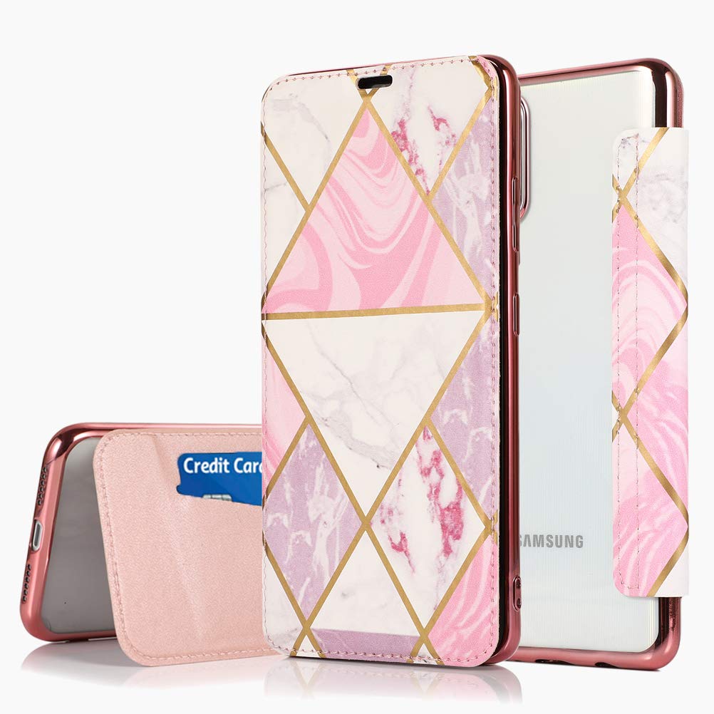 SUMOON Samsung A51 Phone Case with Card Holder,Marble Personalised Case Clear Leather Flip Case Wallet for Women/Men,Front and Back Protective Galaxy A51 Shockproof Silicone Case Back Cover Pink