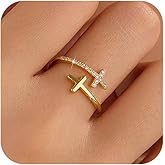 IPEPPY Dainty 14k Gold Plated Cross Feather Rings for Women 925 Sterling Silver Purity Ring with Blue Birthstone CZ Crystal Christian Faith Ring Easter Confirmation Baptism Jewelry Gifts to Daughter