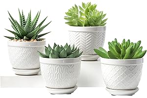 SUREASY HOME & KITCHEN Sureasy Ceramic Plant Pots, 4.7 Inch Flower Pots for Indoor Plants, Succulent Pots with Saucer and Drainage Hole, Decorative Planter for Succulent, Cactus, Set of 4, White