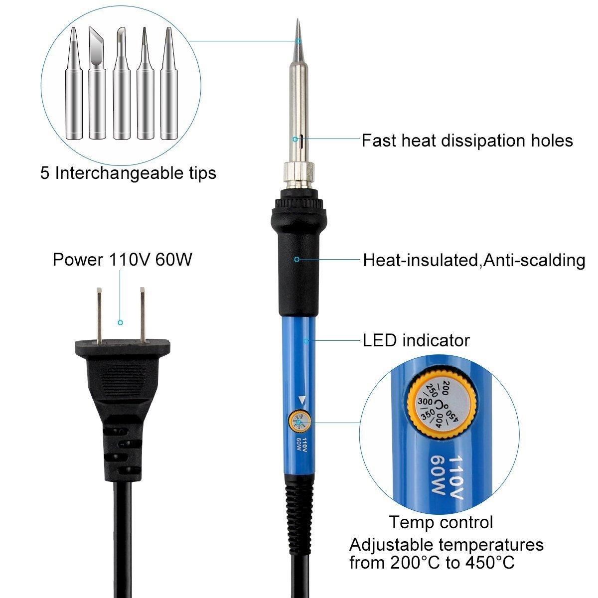 Soldering Iron Kit, 60W 110V Temperature Adjustable Welding Tools,Soldering Pump, Soldering Iron Gun, 5 Soldering Iron Tips, Tin Wire Tube, Soldering Iron Stand, Tweezers, Stripper Cutter, 2 Wires