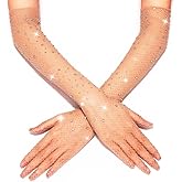 GORTIN Rhinestone Fishnet Long Gloves - Glitter Mesh Elbow Length Rave Gloves for Halloween, Opera Costume