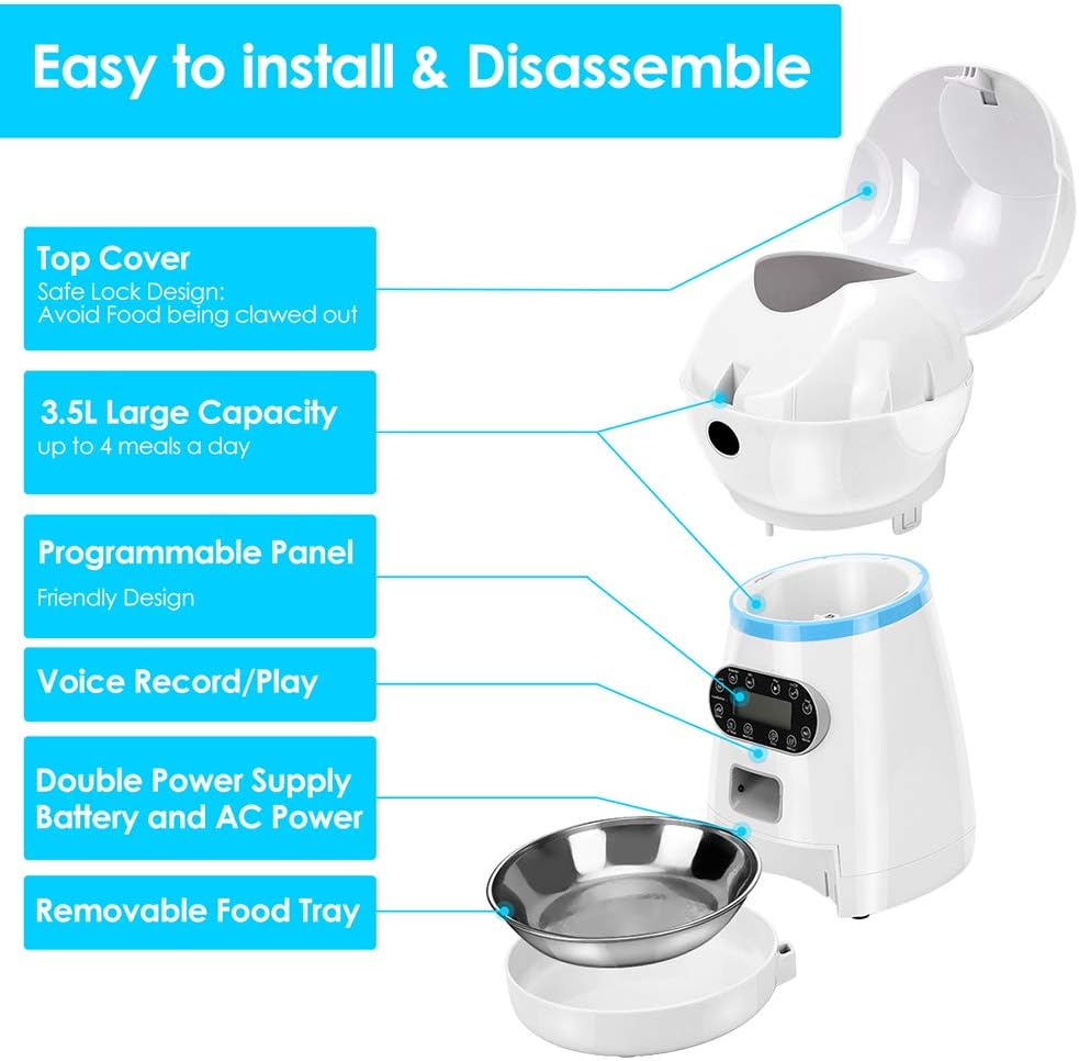 Kitchen & Dining : TTPet Automatic Cat Feeder, Timed Dog Food Dispenser, 3.5L Capacity, Stainless Steel Bowl, Portion Control, Voice Recording, Timer Programmable up to 4 Meals a Day : 