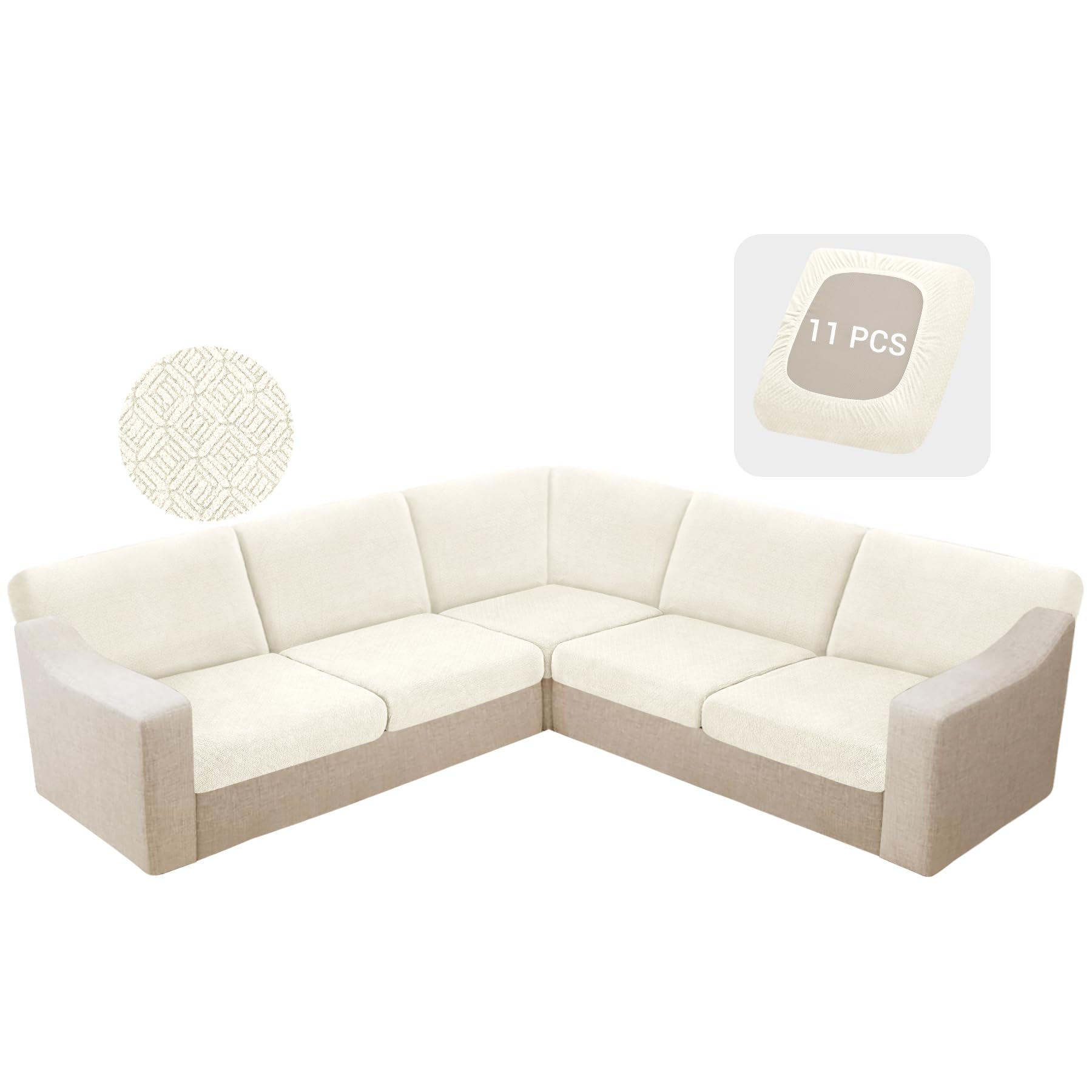 Photo 1 of HDCAXKJ Waterproof Sectional Couch Cushion Covers 11 Pieces Stretch Jacquard L Shaped Corner Sofa Slipcover Back Cover Soft Sofa Seat Cushion Covers for Dogs Pet (5 Seater and 6 Backrest, Ivory)