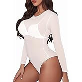 Buauty Long Sleeve Mesh Bodysuit for Women, Sheer Mesh Top Round Neck See Through Leotard Jumpsuit Snap Crotch Clubwear