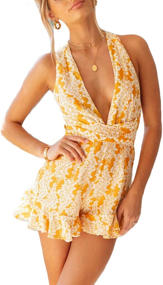 sexy deep v sleeveless halter jumpsuit