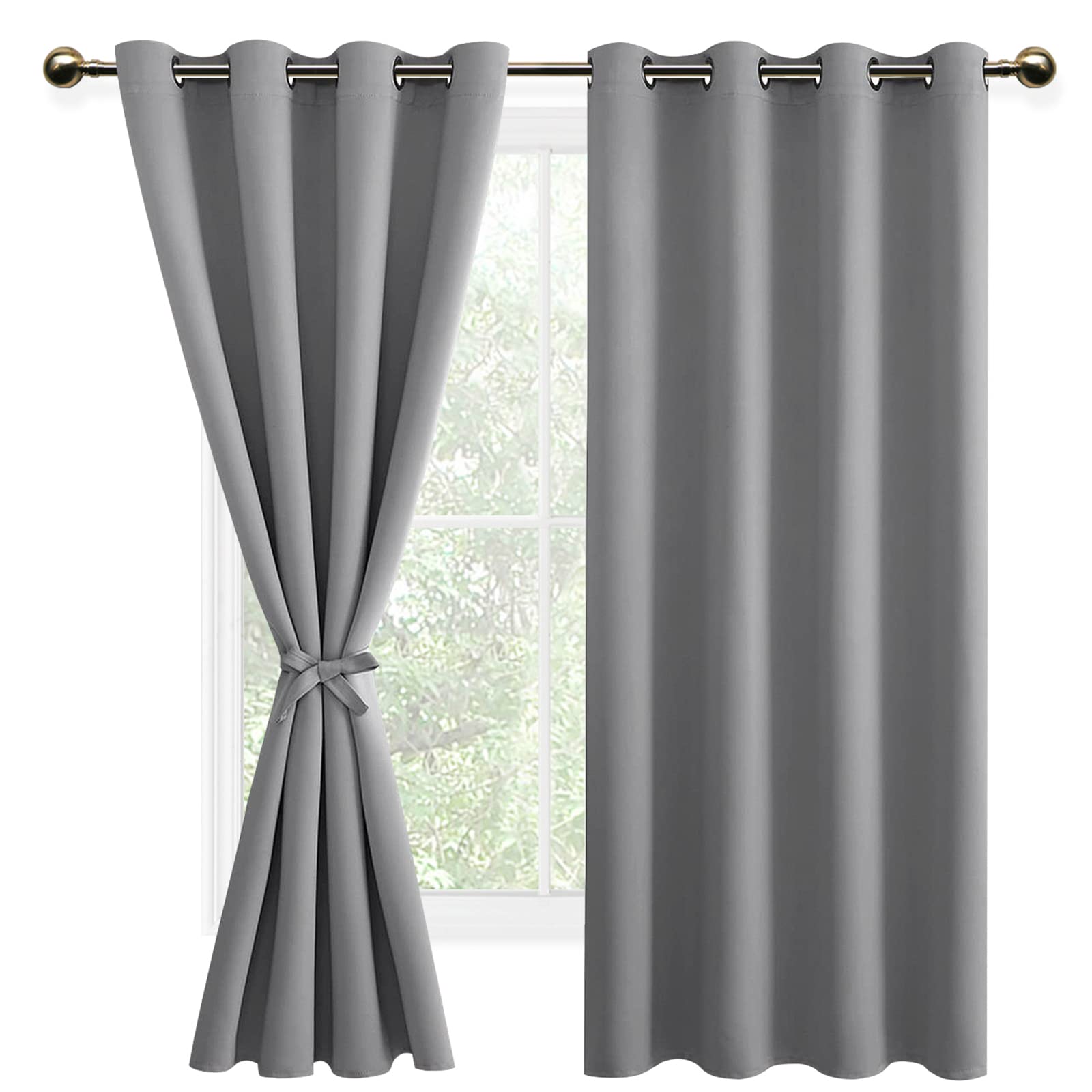 DWCN Silver Grey Blackout Curtains with Tiebacks for Bedroom Thermal Insulated Solid Eyelet Curtains for Living Room,2 Panels,55" Wide x 69" Drop — image 1