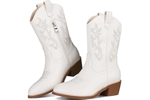 Chumchoi Cowboy Boots for Girls Boys Unisex-Child Embroidered Mid Calf Chunky Heel Western Boots Riding Shoes (Toddler/Little Kid/Big Kid)