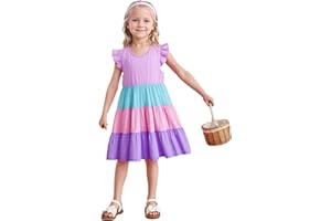 HILEELANG Little Girls Short Sleeve Dresses Easter Summer Cotton Casual Skater Swing Twirly Sundress