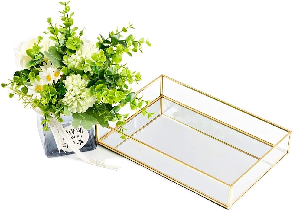 CHICHIC Gold Mirror Tray Jewelry Organizer Vanity Tray Jewelry Tray Perfume Tray Dresser Tray Decorative Tray, Glass Metal Makeup Tray for Bathroom Bedroom Cosmetics Storage, 11.8 x 7.9 Inch: Home & Kitchen
