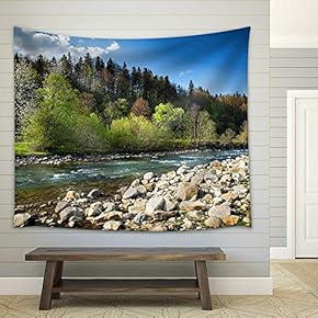 Landscape with Forest, River and Stones - Fabric Wall Tapestry Home Decor - 51x60 inches