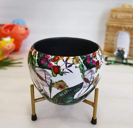 Exotic Green Round Metal Pots with Stand | White Color Flower Planter for Home Garden Decor | Table Top Flower Pot | Best for Indoor Plantation I Rust Free. (Abstract White)