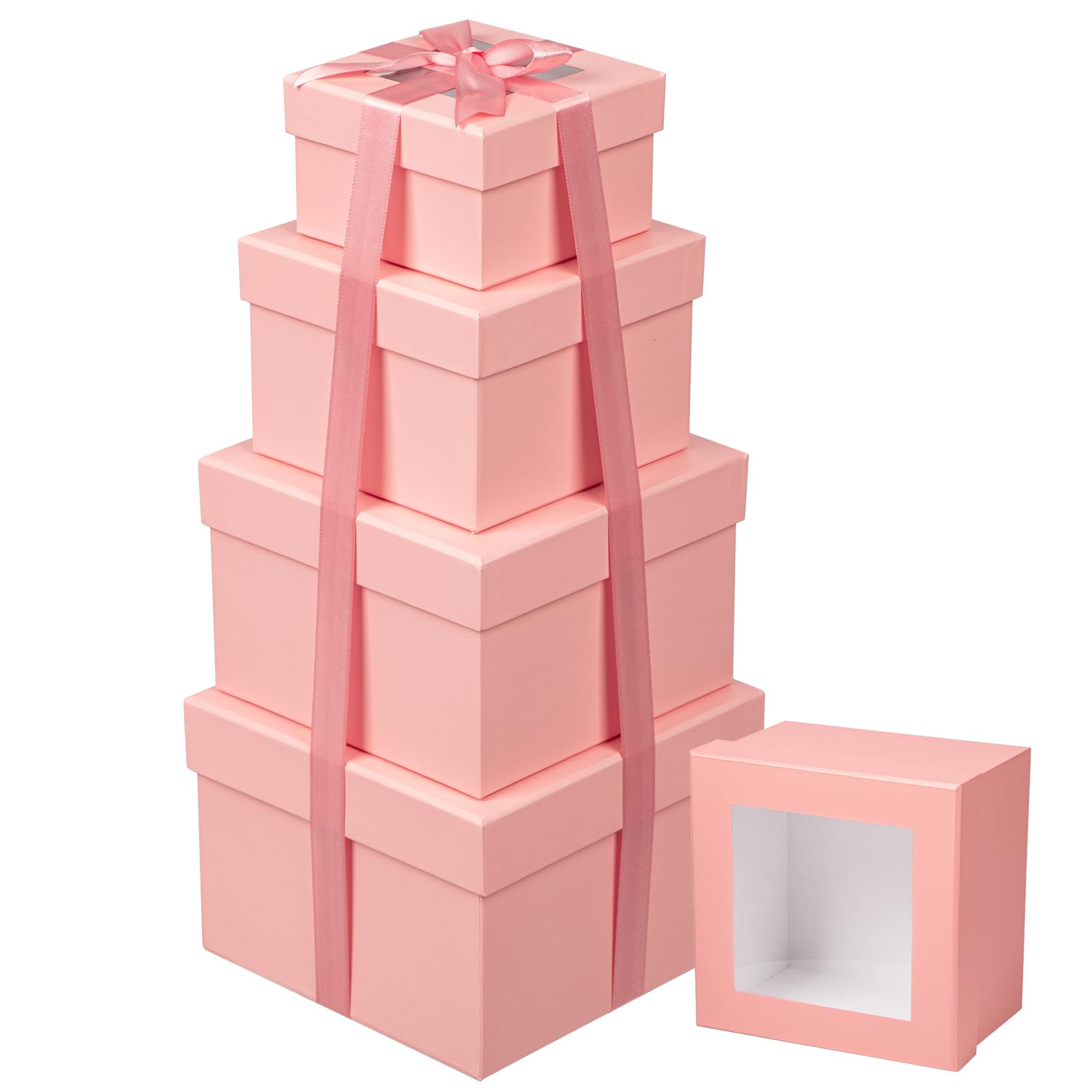 Briful Set of 4 Square Gift Box with Ribbon, Pink Gift Boxes with Clear Lids, Cardboard Gift Boxes for Presents, Small Storage Boxes Assorted Sizes, Suitable for Gifts Crafting Packaging Box