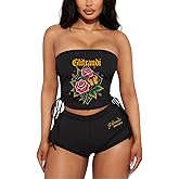 Glitrandi Two Piece Sets For Women Fashion Print Drawstring Tube Top With Shorts Summer Sexy Outfits 2025
