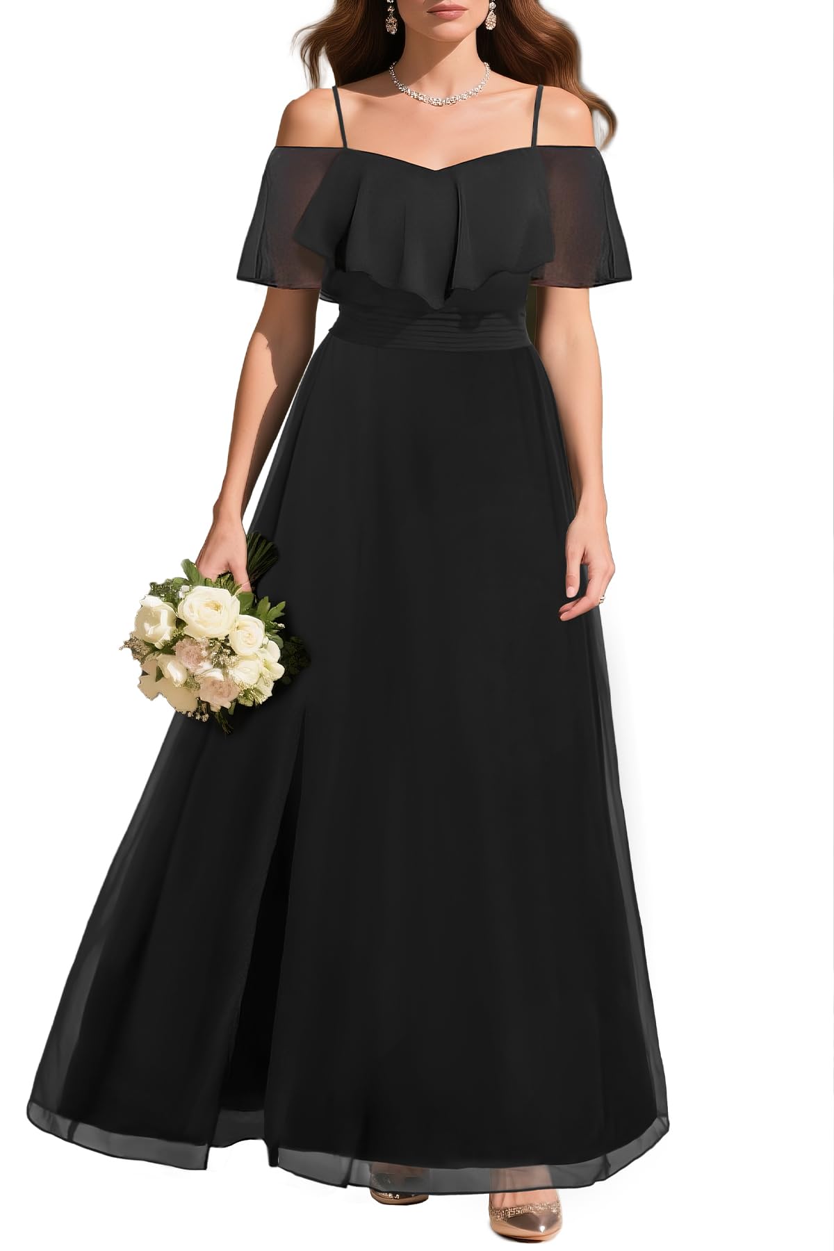 Photo 1 of Women Plus Size Formal Dresses Black Off Shoulder Chiffon Bridesmaid Wedding Guest Side Slit Smocked Aline Long Dress