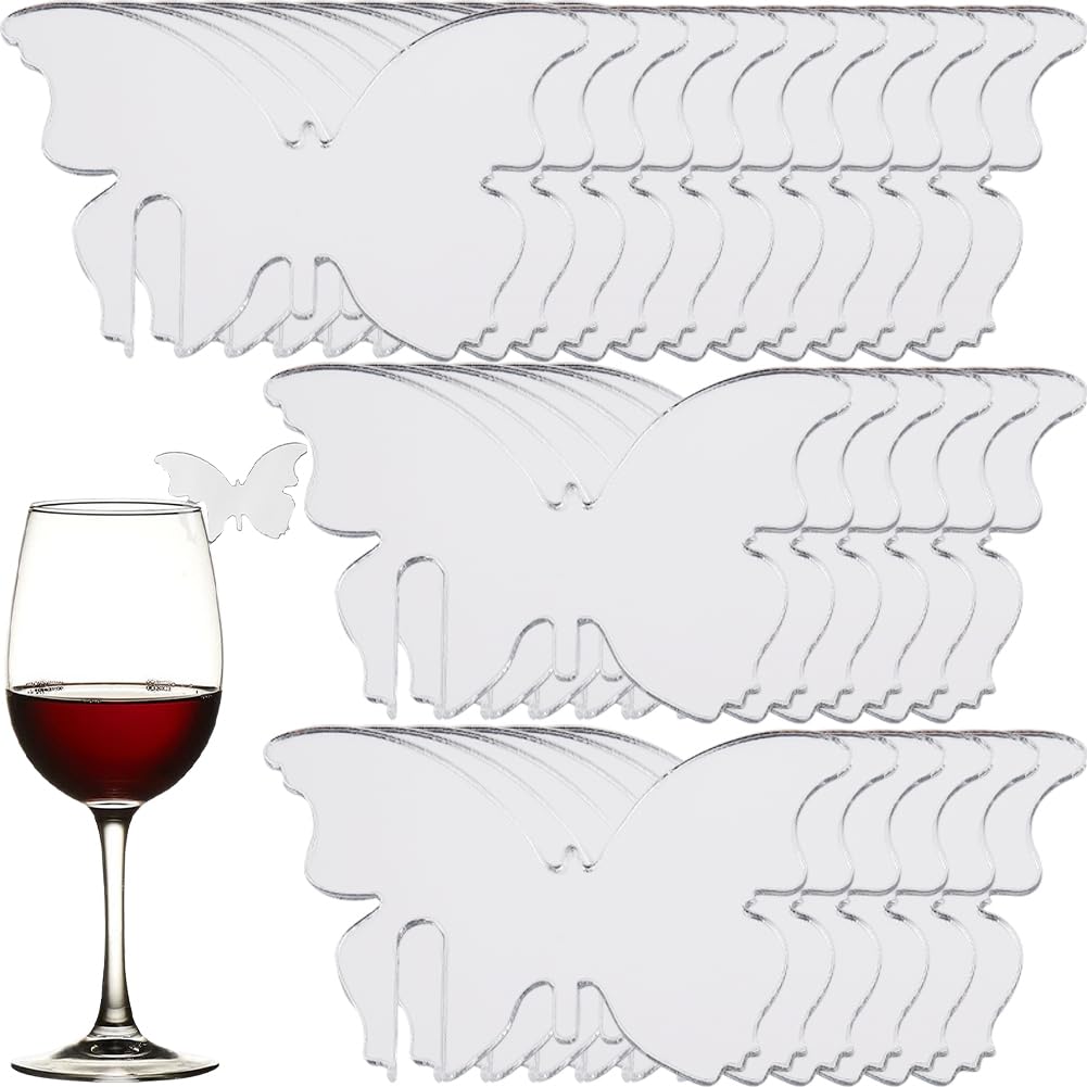 SUNNYCLUE 1 BOX 30PCS Silver Butterflies Wine Glass Tags Drink Identifiers Acrylic Mirror Butterfly Marker Party Stemless Glasses Name Tag Blanks Identifiers Markers for Wedding Christmas Family Party