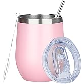 MEZMUT 12oz Insulated Wine Tumbler with Lid Double Wall Vacuum Stainless Steel Wine Glass Coffee Mug Insulated Tumbler Cup for Champaign, Cocktail, Beer (Pink, 1 Pack)