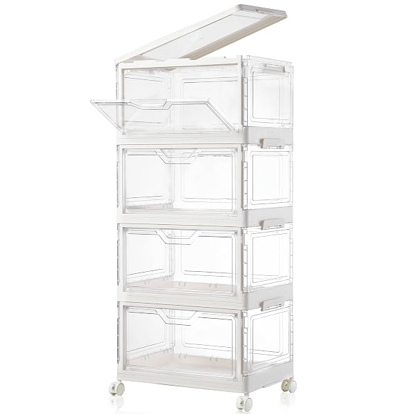 FREEBAT COLLAPSIBLE PLASTIC STORAGE BINS WITH WHEELS, CLEAR STACKABLE STORAGE BINS WITH LID, STACKABLE STORAGE BINS WITH OPEN DOOR, FOLDING STORAGE BINS ORGANIZER FOR CLOSET, BEDROOM, LIVING ROOM