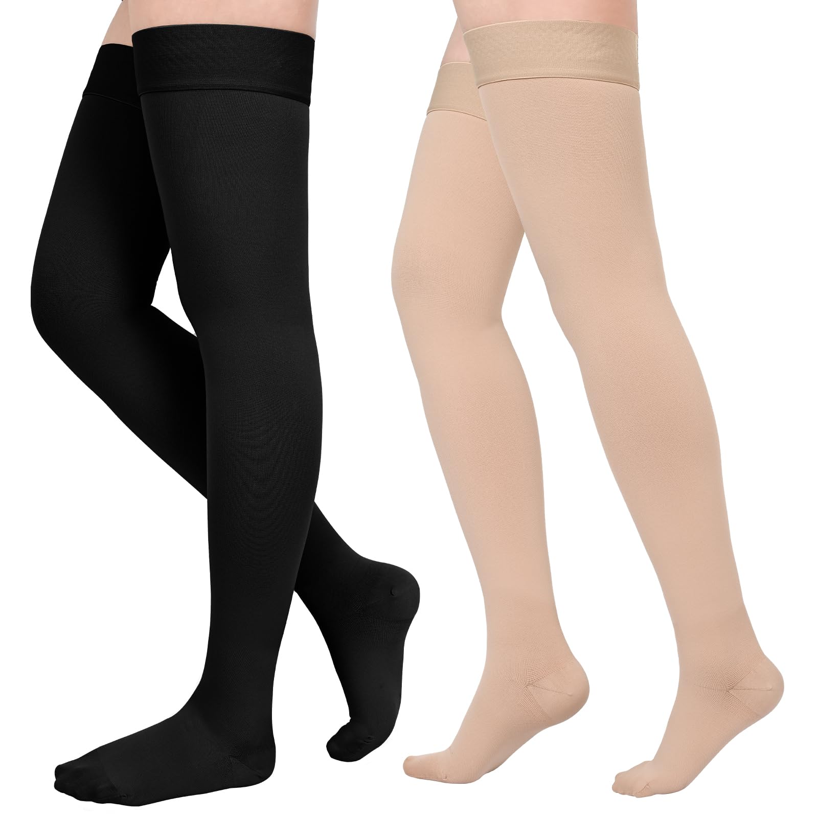 Photo 1 of 2 Pairs Compression Stockings for Women & Men, Thigh High Length 15-20mmHg Graduated Compression Socks for Nursing Sports Varicose Veins, Dot Top, Closed Toe, Mix,XL