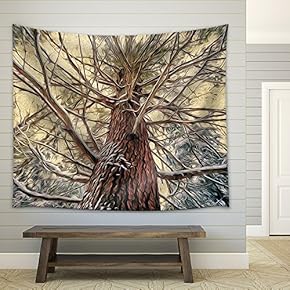 a Low Angle Shot of a Eastern White Pine Tree in a Snowy Forest During The Winter Season - Fabric Wall Tapestry Home Decor - 51x60 inches