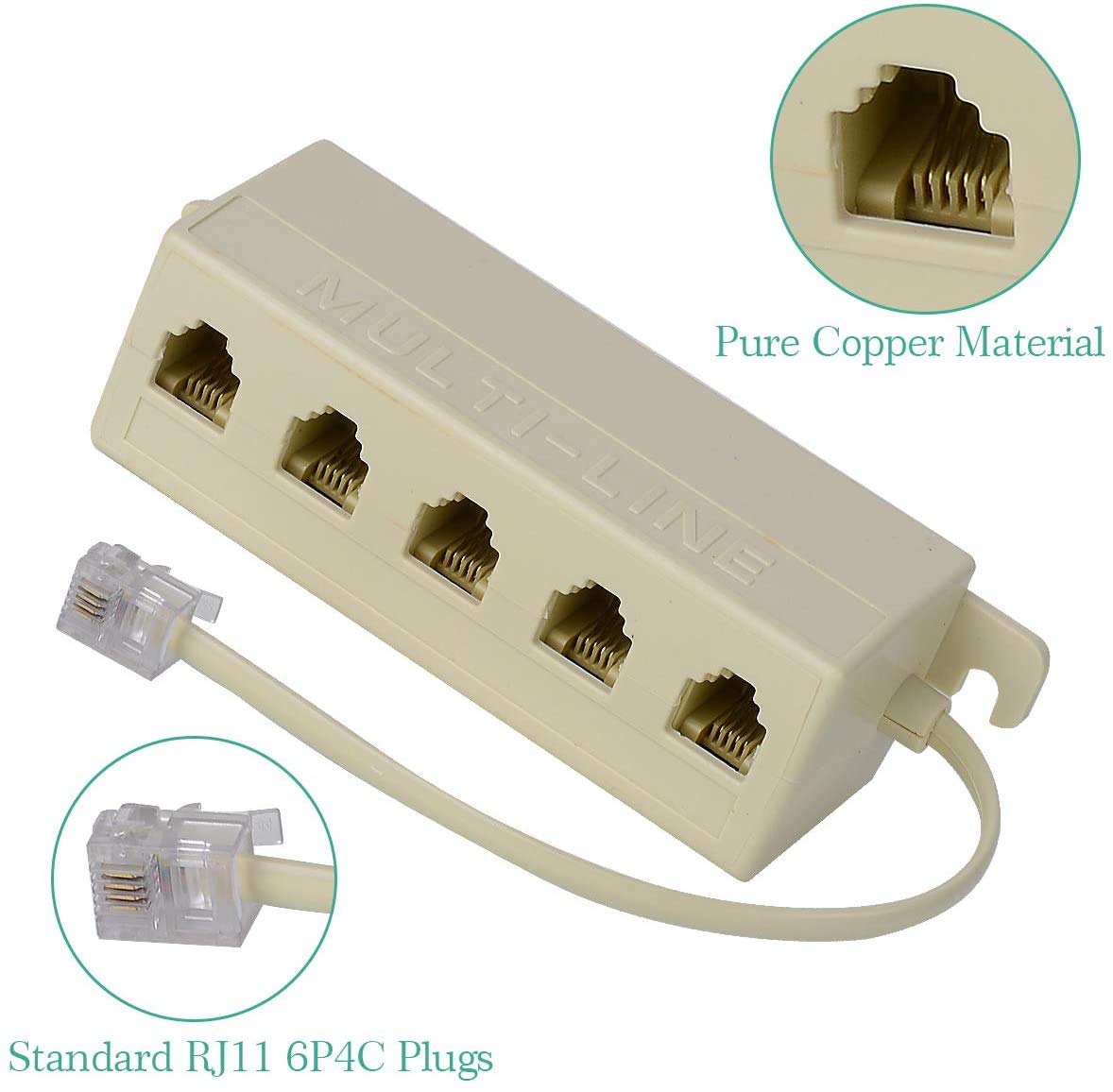 Phone Line Adapter,SHONCO Fiveway Telephone Splitter,RJ11 6P4C Maletofemale 5socket Port