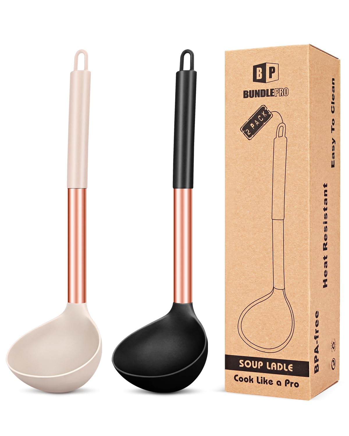 Pack of 2 Ladle Spoon,Silicone Large Spoons for Soup,Non Stick Kitchen Utensils with High Heat Resistant,BPA Free Perfect Kitchen Tools for Cooking, Stirring,Serving Soups (Rose Gold Black-Khaki)