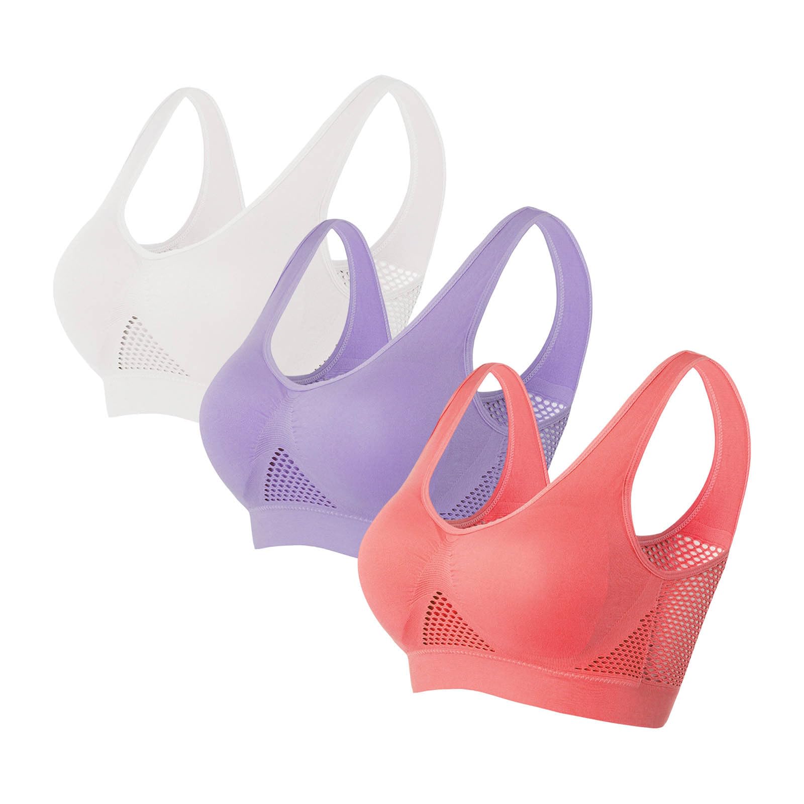 3PCS Sports Bra for Yoga Solid Colour Breath Mesh Running Bras Seamless Bras Unwired Comfy Stretchy Brassiere Workout Bra Every Day Underwear Plus Size S-5xl