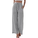 TARSE Womens Linen Striped Gingham Wide Leg Pants Palazzo Drawstring Lounge Pants Casual Trousers with Pockets