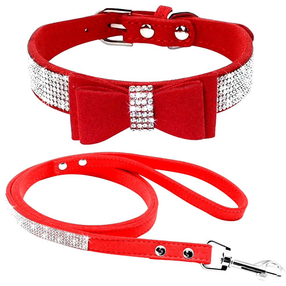 haoyueer Cute Dazzling Sparkling Elegant Fancy Soft Suede Leather Bling Rhinestone Crystal Jeweled Pet Cat Dog Puppy Collar Dog Leash Combo Set (M, Red-1) โ image 1