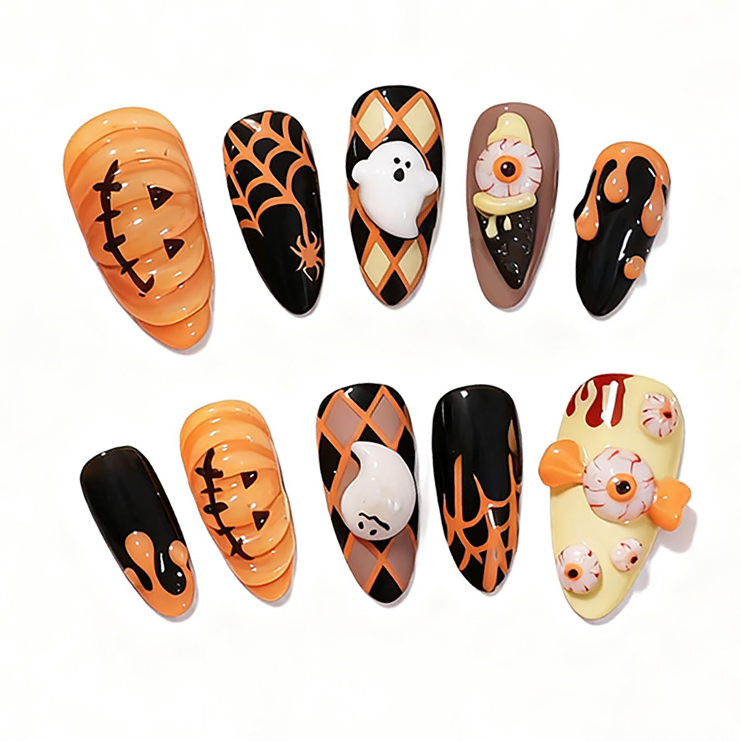 Photo 1 of 30Pcs Halloween Handmade Press on Nails Almond Medium French Tip Fake Nails with 3D Blood Eye Ghost Nails Rhinestones Halloween False Nails Spider Web Pumpkin Glue on Nail Goth Acrylic Nail for Women