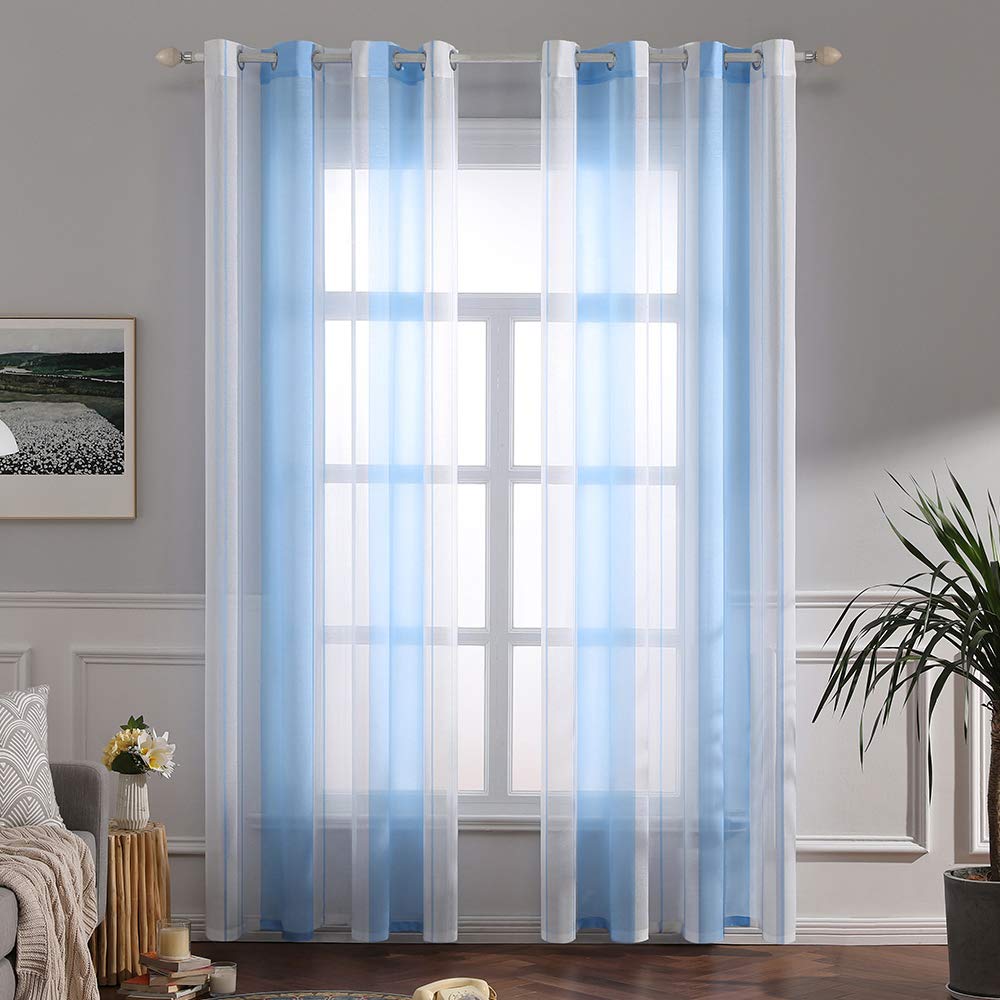 MIULEE Voile Curtains Semi Transparent Soft Elegant Decorative Classic Striped Curtain Translucent Eyelet Top Window Curtain Polyester for Bedroom Living Room 2 Panels 55" Wx69 L 140x175cm Sky — image 1