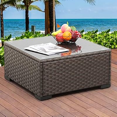 Rattaner Patio Furniture Wicker Coffee Table Outdoor Garden Square Side Table with Tempered Glass Top Brown 61j7WukPe L