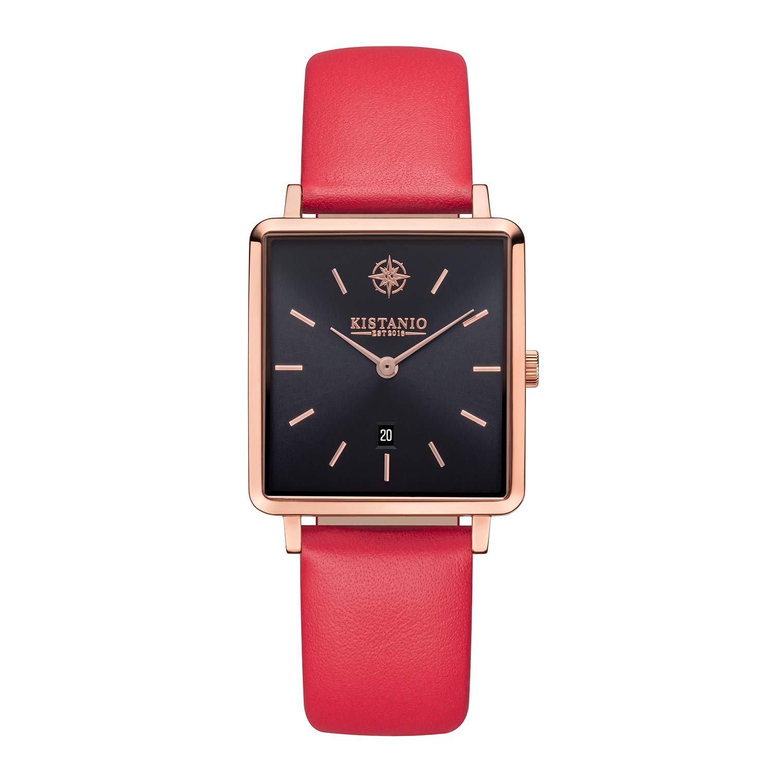 Kistanio Ladies’ Watch, Carré Rose Stainless Steel Sapphire Glass with red Leather Strap, RG-BLKS-L-RTN