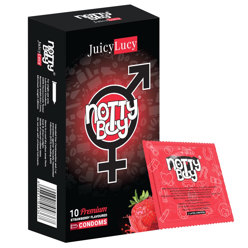 NOTTY BOY Ultra Thin Strawberry Flavoured Condoms – 10 Units | Natural Latex Condoms for Men