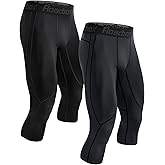 Roadbox 2 Pack Men's 3/4 Compression Pants, Athletic Basketball Workout Tights Leggings, Sport Running Spandex Base Layer