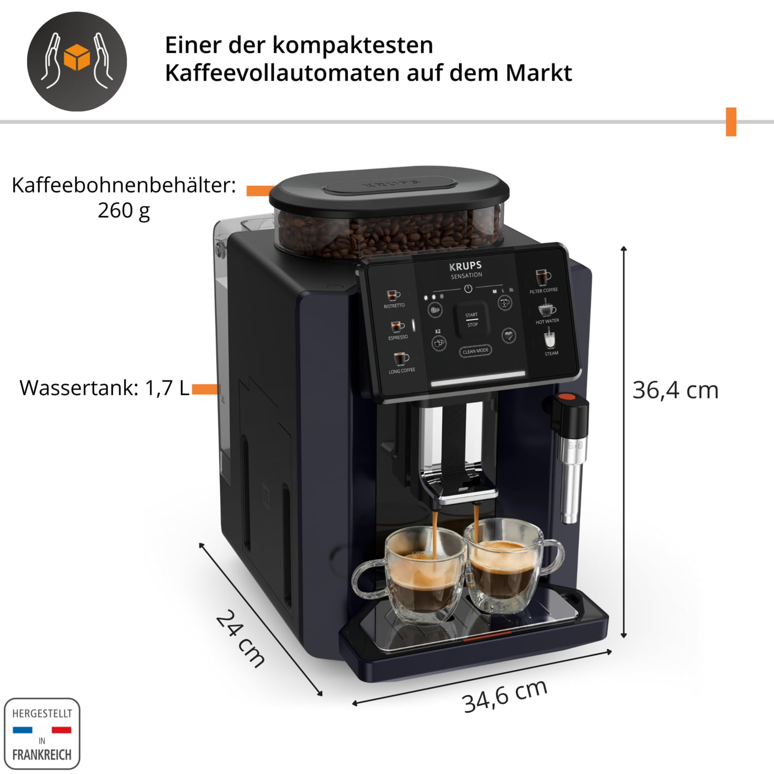 Krups Sensation Kaffeevollautomat mit Milchschaumdüse, Kaffeemaschine für Espresso, Cappuccino & Latte Macchiato, gemacht für Bohnenkaffee & Filterkaffee, bis zu 5 Kaffeegetränke und 2-Tassen-Funktion 8