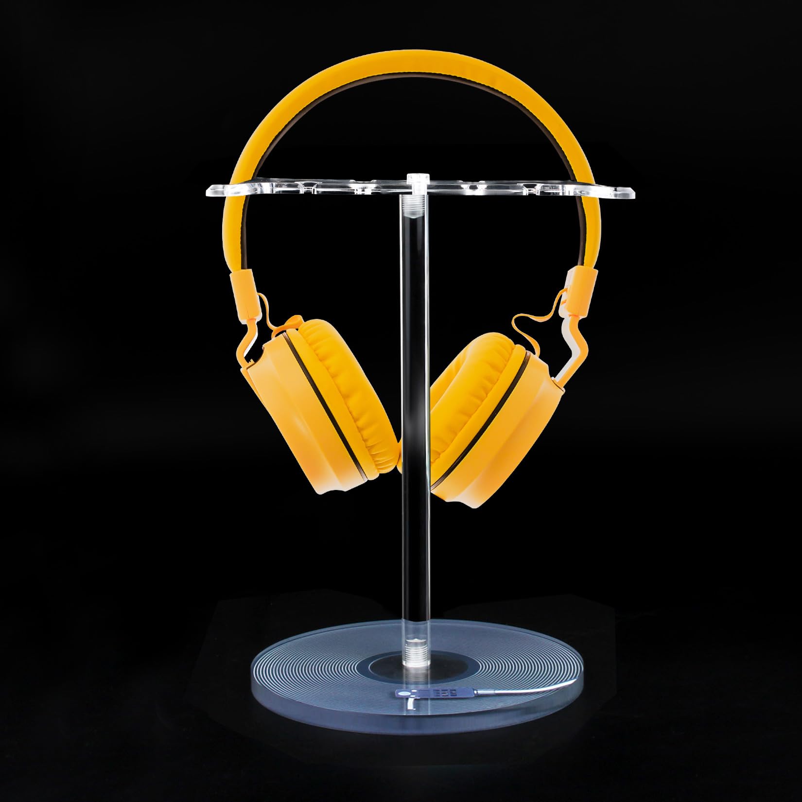 Clear Acrylic Headphone Stand with Patterned Base – Universal Holder for AirPods Max, Gaming & Wireless Headphones – Space-Saving Desk Organizer for Home & Gaming Setup (Black Record/LP)
