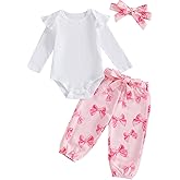 POZMTIORE Infant Baby Girl Fall Winter Outfit Long Sleeve Romper Bow Print Pants Headband Set 3pcs Newborn Girl Outfits