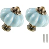 Zernmiarder 2pcs Ceramic Pumpkin Knobs - Light Blue | Vintage Cabinet Knobs with Mounting Screws - Antique Drawer Pulls for Dresser, Closet, Cupboard, and Home DIY Project