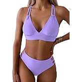 Tainehs Women's Push Up V Neck Bikini Sets Criss Cross Back Two Piece Bathing Suit