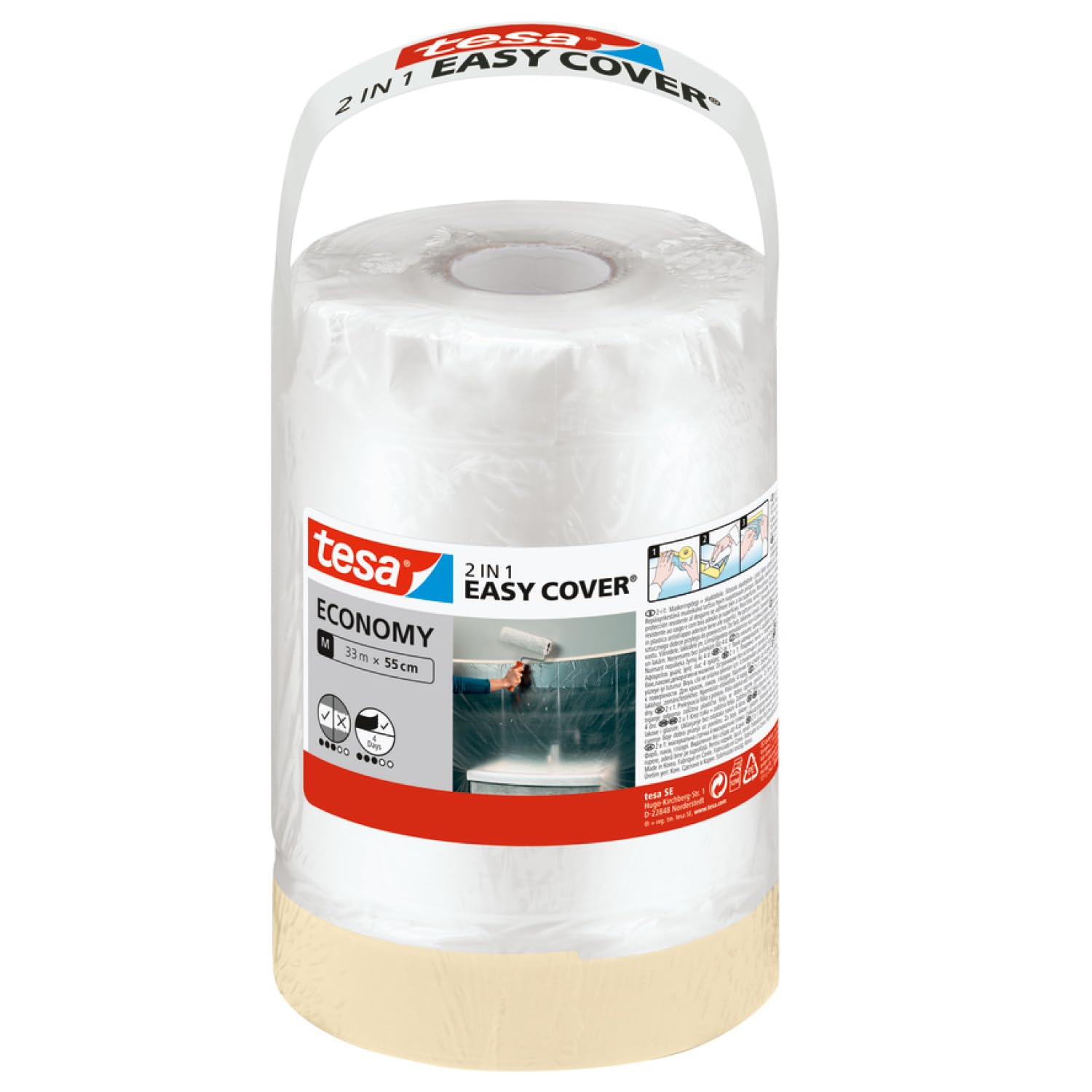tesa Easy Cover ECONOMY Cover Sheet for Painting - 2 in 1 Protection Foil and Masking Tape for Masking - 33 m x 55 cm