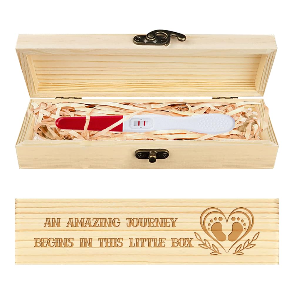 CHGCRAFT Pregnancy Test Keepsake Box Love Footprints Wooden Pregnancy Announcement Gifts Box with Raffia Ribbon and Lock for Dad Husband, 8x2x1.2inch