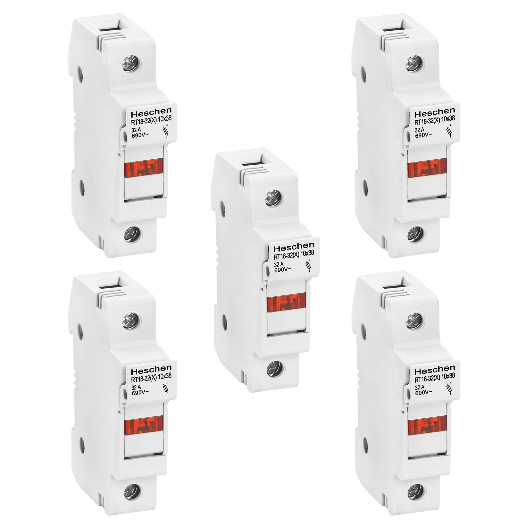Heschen Cylindrical Fuse Holder Base, RT18-32(X) 32A AC690V, 1P, DIN Rail Mounting for RT18 RO15 10 x 38mm Fuse CE Listed 5 PCS
